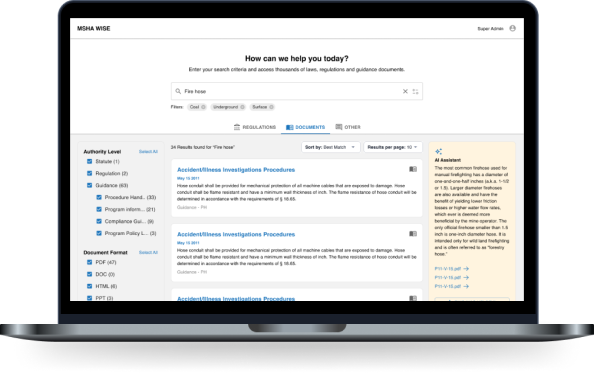Image showing search results and faceted navigation when searching MSHA statute, regulations, guidance documents and case law.